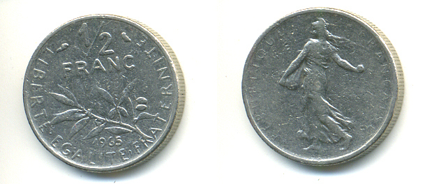 Франция 1/2 франка 1965 сеятель KM 931, Le Franc 198.3 никель 89-311