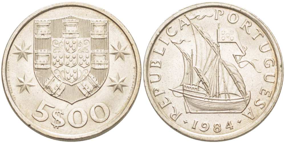 ПОРТУГАЛИЯ 5 ЭСКУДО 1984 ПАРУСНИК KM 591 медно-никель UNC 4513-1056