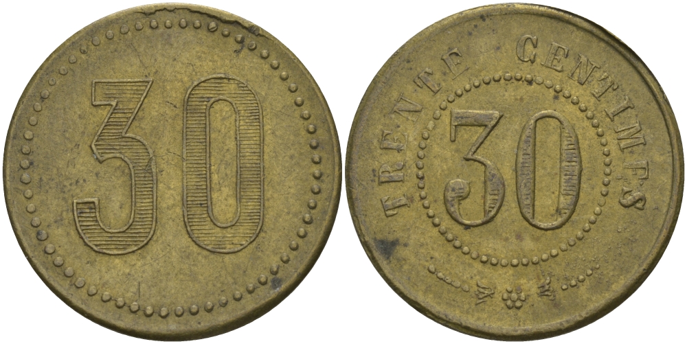 ФРАНЦИЯ 30 САНТИМОВ ND ПЛАТЕЖНЫЙ ЖЕТОН НАЧАЛА XX ВЕКА, НОМИНАЛ НА АВЕРСЕ ЦИФРАМИ И ПРОПИСЬЮ, ДИАМЕТР 24 ММ. латунь 65-341