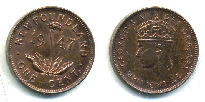 Ньюфаундленд 1 цент 1947 сертификат ICGS  KM 18 MS-63 00-803-01