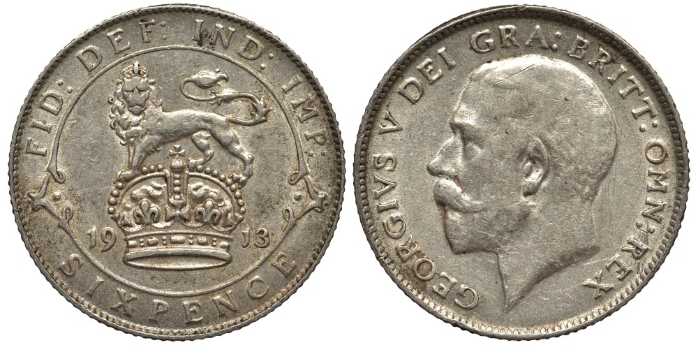 Великобритания 6 пенсов 1913 Георг V (1910-1936) KM 815, Spink 4014 серебро 1517-632