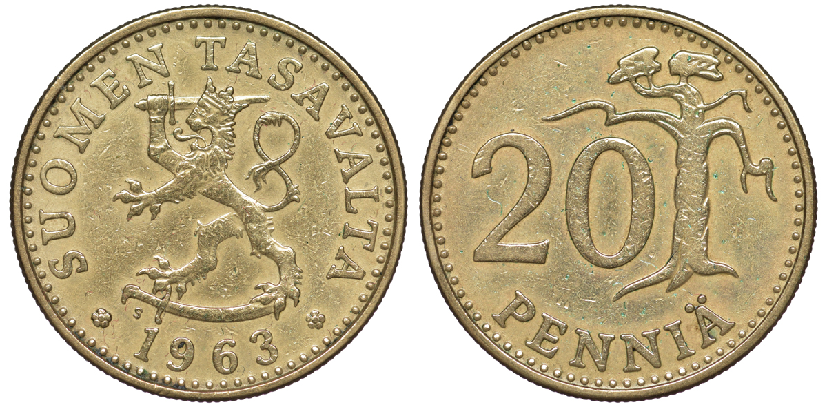 Финляндия 20 пенни 1963 S KM 47 алюминиевая бронза 259-517