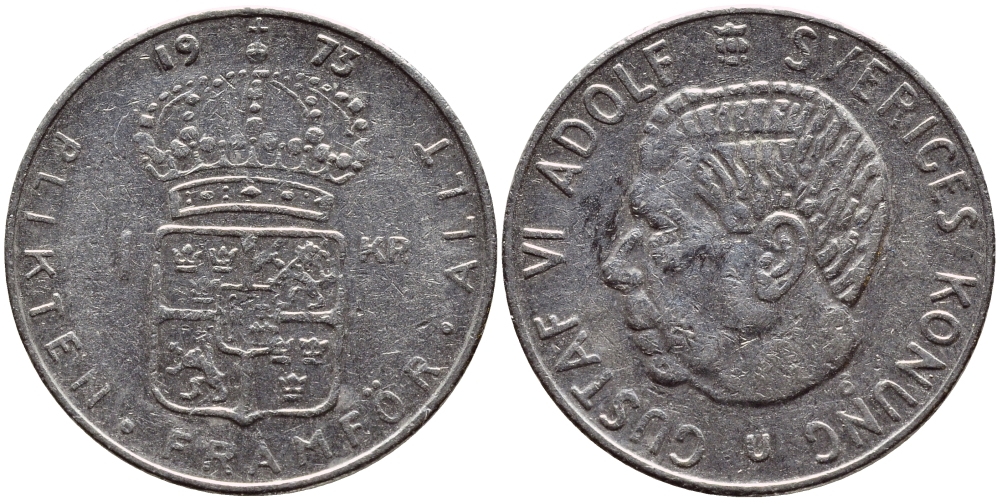 Швеция 1 крона 1973 Густав VI Адольф (1950-1973) KM 826а медь плакированная медно-никелем 4395-313