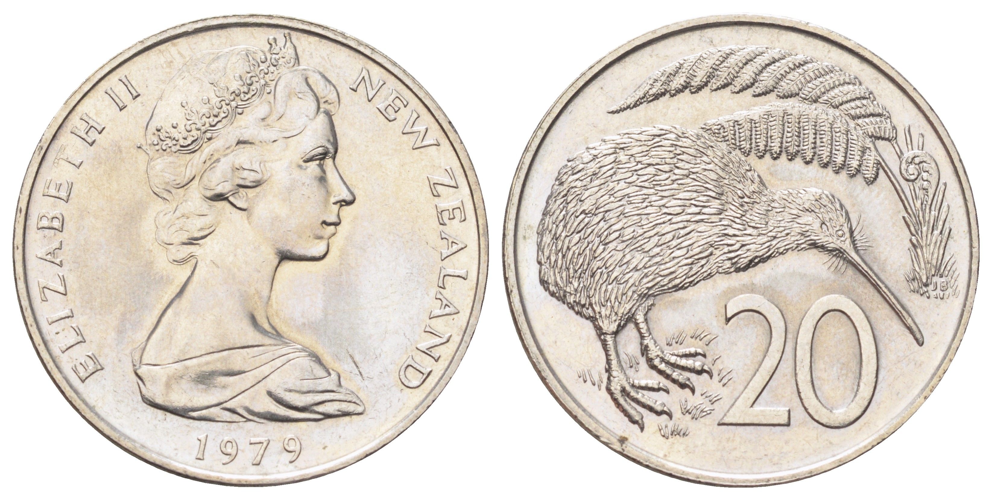 Новая Зеландия 20 центов 1979 Елизавета II (1952-2022), птичка киви KM 36 медно-никель UNC 4699-1116