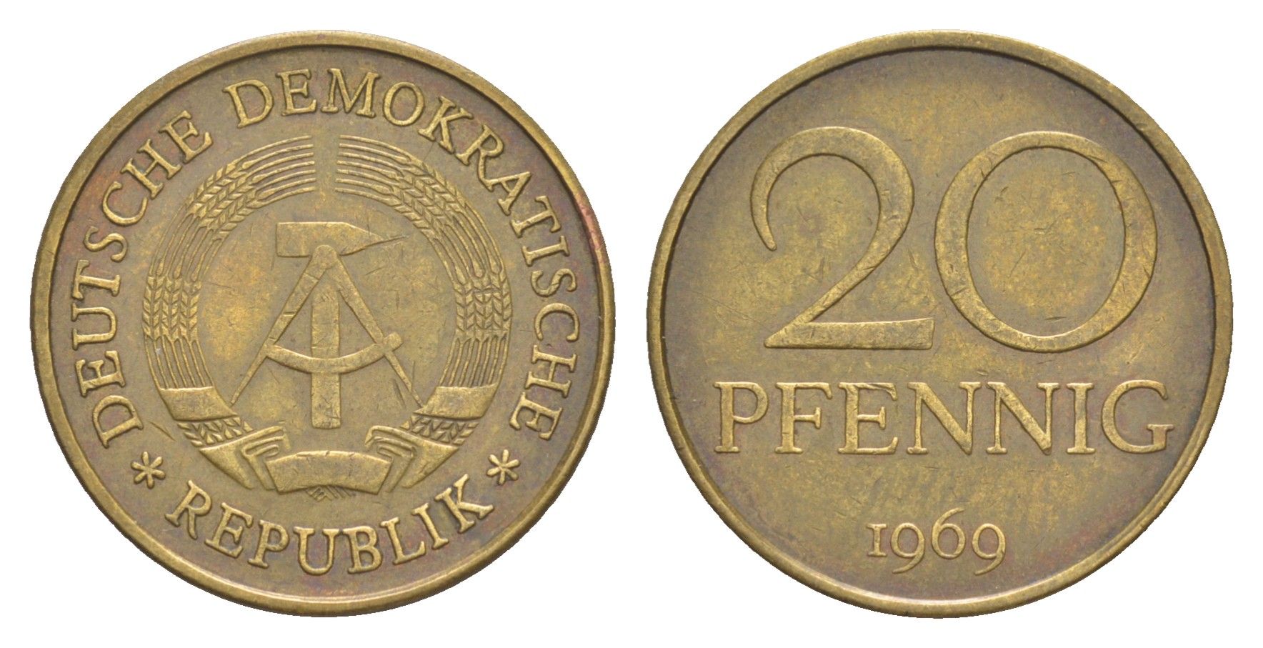 ГДР 20 пфеннигов 1969 А, первый год KM 11 латунь 4647-816