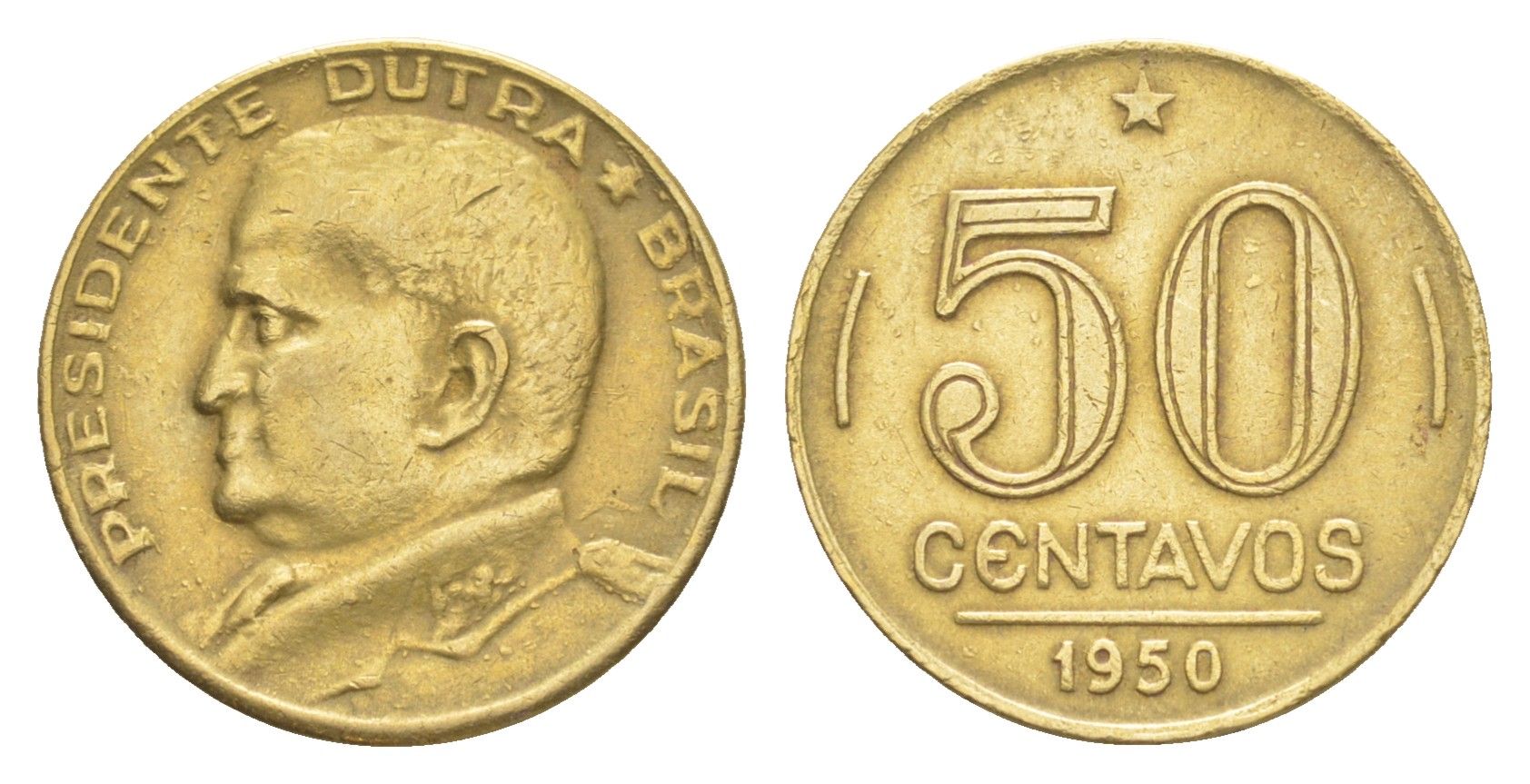 Бразилия 50 сентаво 1950 Эурику Дутра KM 563 алюминиевая бронза 4644-457