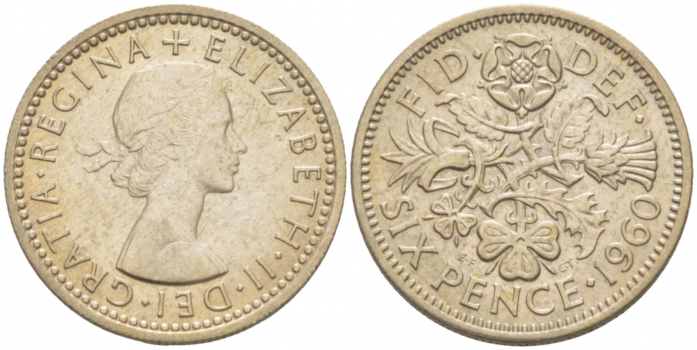 Великобритания 6 пенсов 1960 Елизавета II (1952-2022) KM 903, Spink 4149 медно-никель 214-719