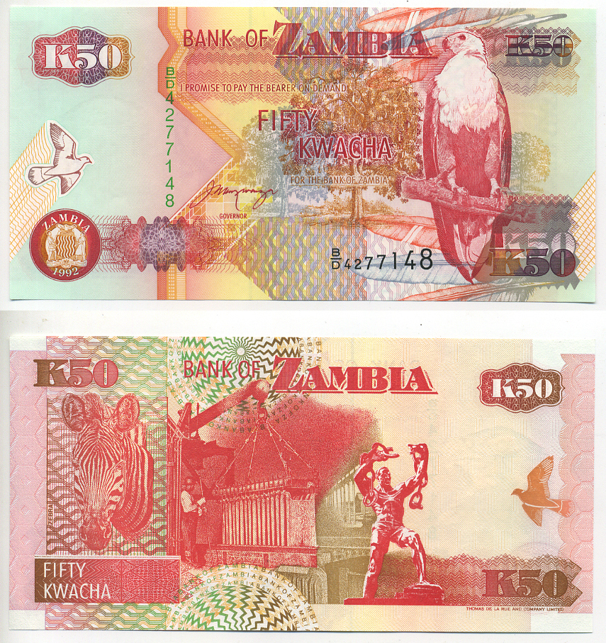 Замбия 50 квач 1992 орлан крикун, зебра, плавление меди в Коппербелте, подпись Mwanza Pick 37 b бумага UNC (пресс) 2192-47-2