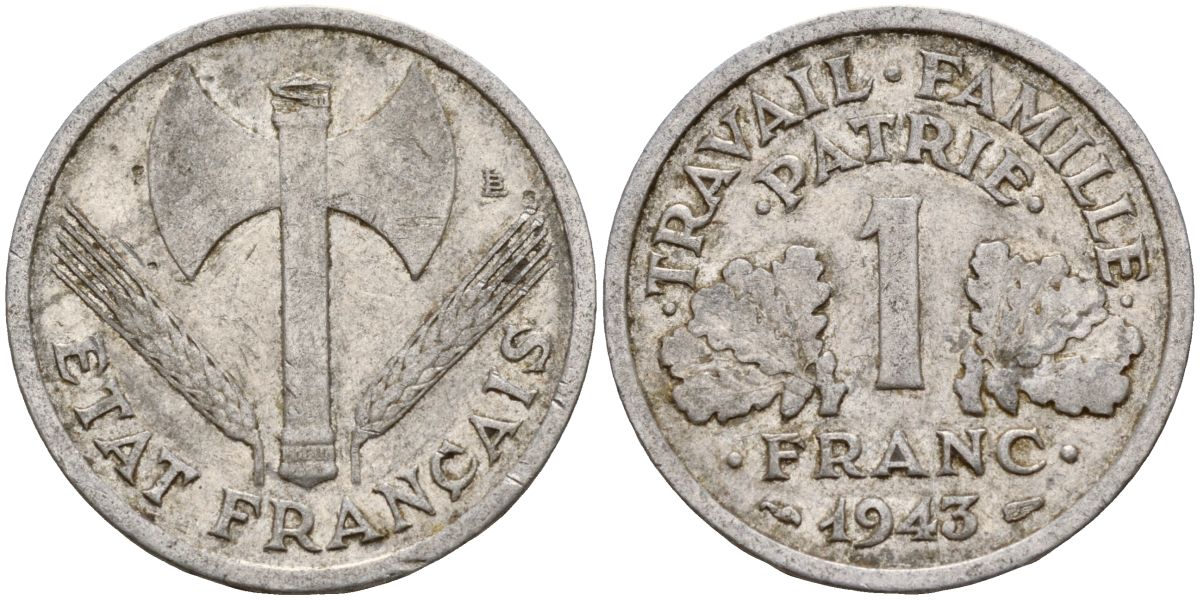 Франция 1 франк 1943 правительство Виши KM 902.1, Le Franc алюминий 4126-652