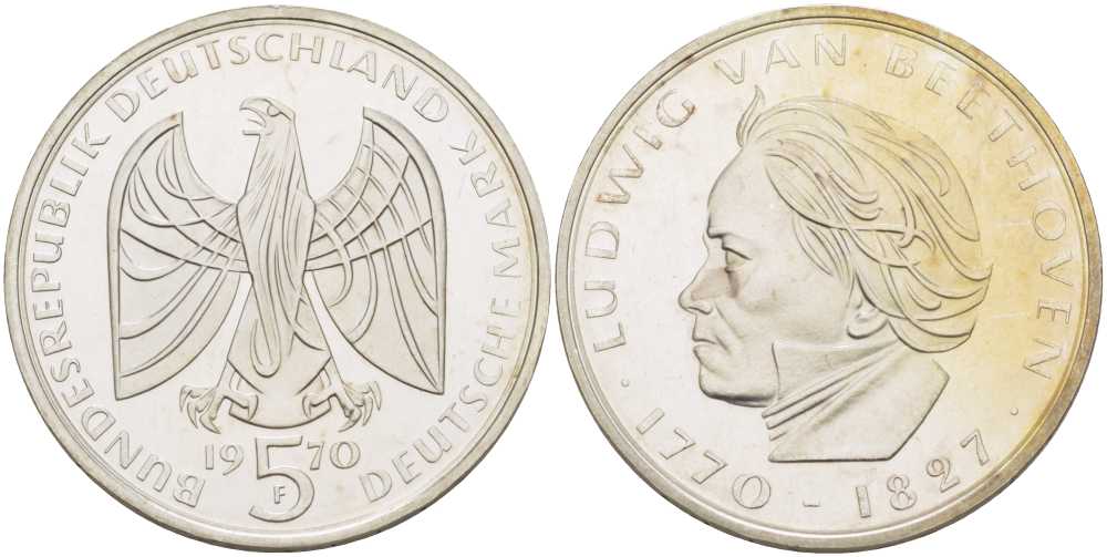 ФРГ 5 марок 1970 F. 200 лет со дня рождения Людвига ван Бетховена KM 127, J. 408 серебро PROOF 180-1021