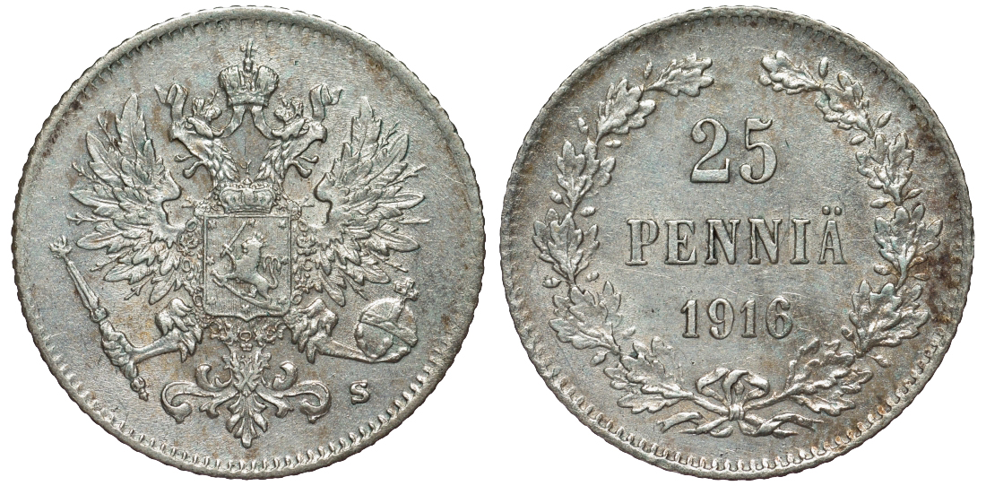Россия для Финляндии 25 пенни 1916 S, Николай II (1894-1917) KM 6.2, Биткин 421 серебро 75-1337