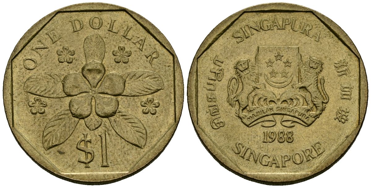 Сингапур 1 доллар 1988 барвинок KM 54b алюминиевая бронза 4167-1012