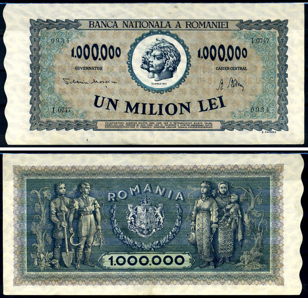 Румыния 1000000 леев 1947 Траян и Децебал, семья крестьян Pick 60 a бумага 8590-12-1-1
