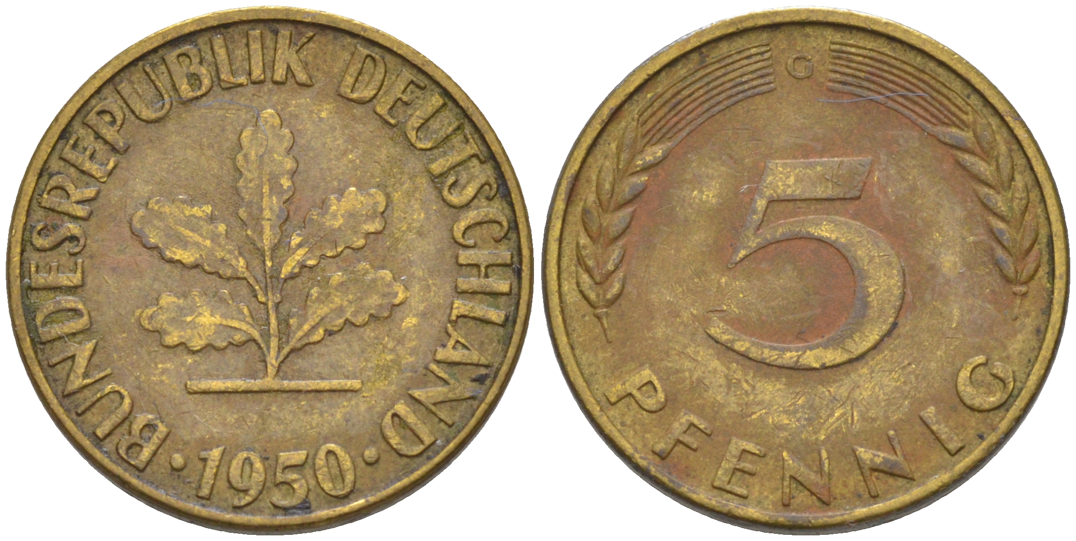 ФРГ 5 пфеннигов 1950 G KM 107, J. 382 сталь плакированная латунью 55-1251