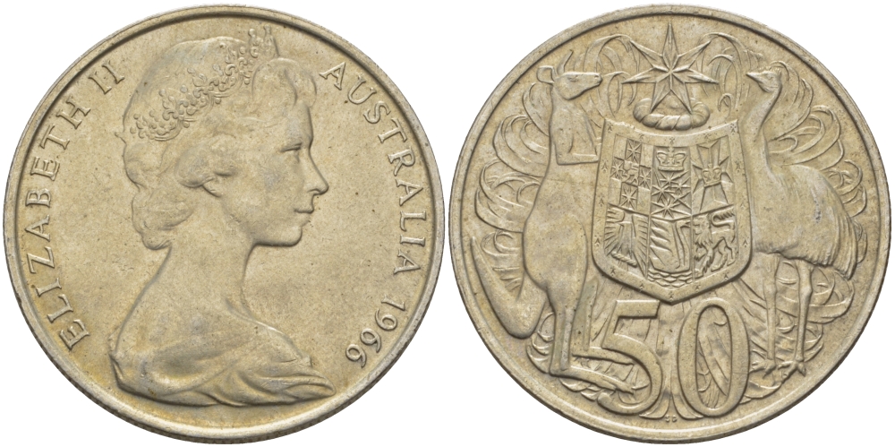 Австралия 50 центов 1966 Елизавета II (1952-2022), герб Австралии, кенгуру KM 67 серебро 82-832