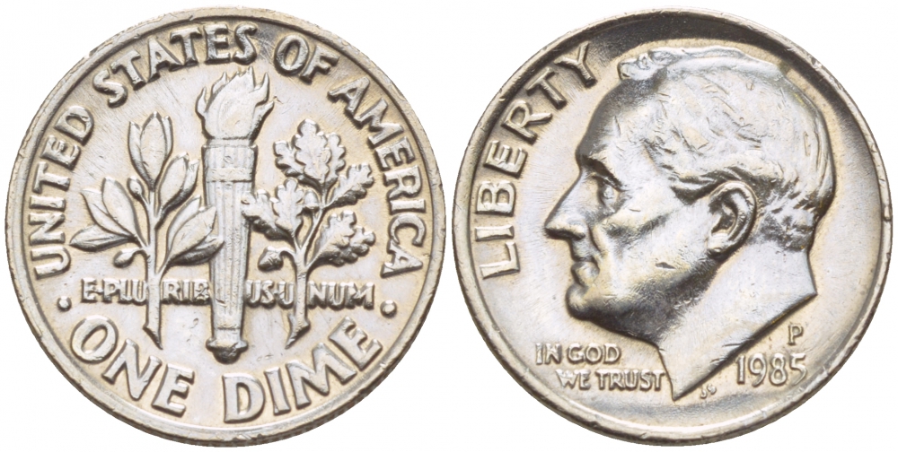 США 10 ЦЕНТОВ = 1 ДАЙМ 1985 P, РУЗВЕЛЬТ KM 195а медь плакированная медно-никелем 4547-951