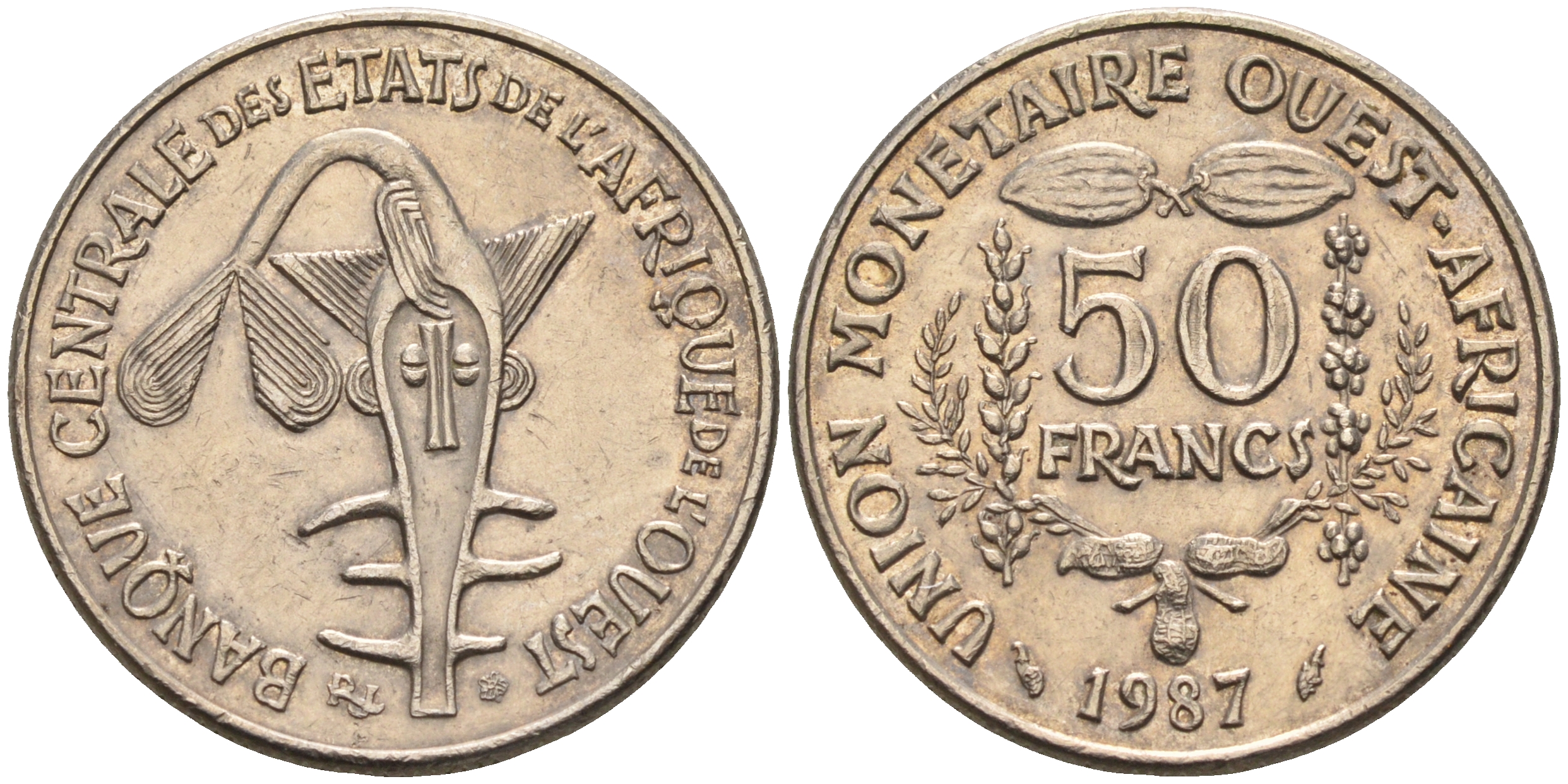 Валютное сообщество стран Западной Африки 50 франков 1987  KM 6 медно-никель  UNC  4595-734