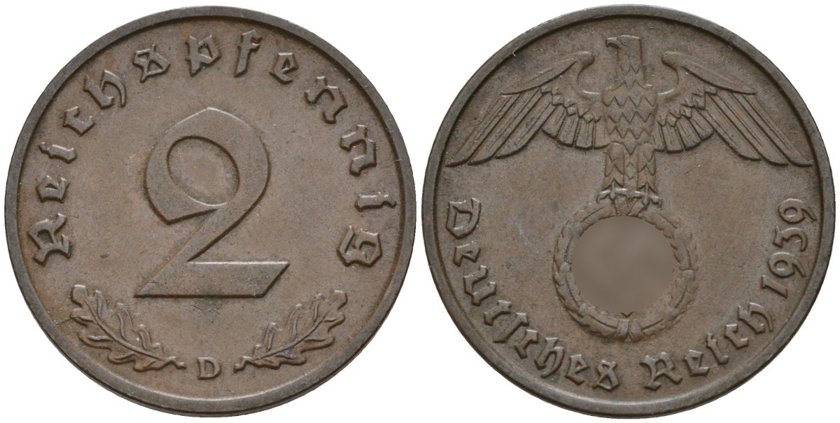 Германия 2 рейхспфеннига 1939 D KM 90, J. 362 бронза 4151-143