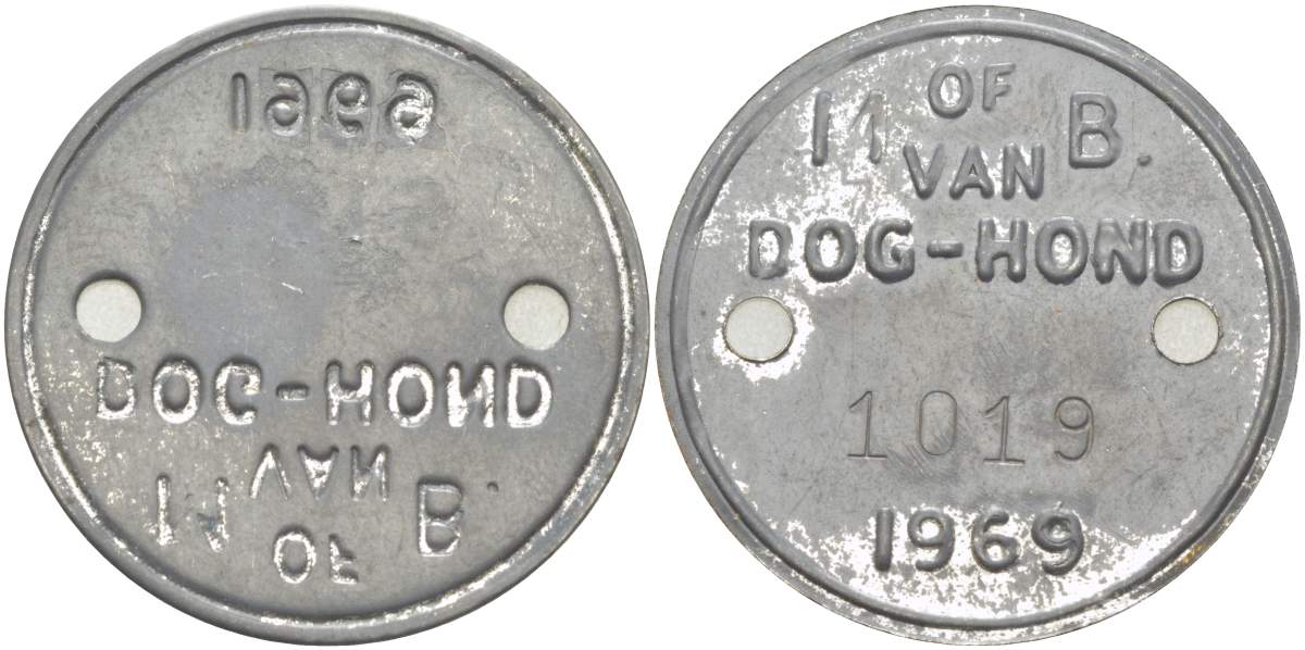 НИДЕРЛАНДЫ СОБАЧИЙ ЖЕТОН 1969 OF VAN DOG-HONG, №1019, ЖЕТОН ОБ УПЛАТЕ ГОДОВОГО НАЛОГА С ВЛАДЕЛЬЦЕВ СОБАК сталь 4517-1134
