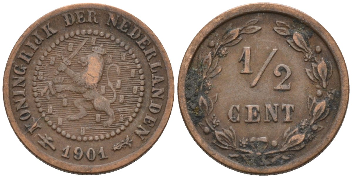 Нидерланды 1/2 цента 1901 Вильгельмина (1890-1948) KM 109 бронза 4576-319
