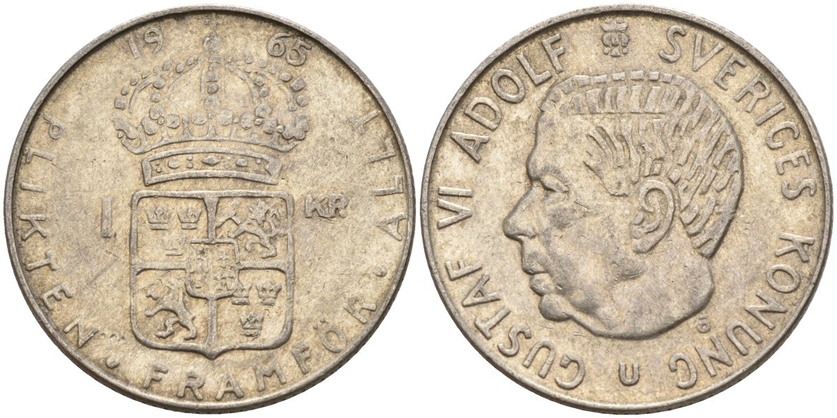 Швеция 1 крона 1965 U, Густав VI Адольф (1950-1973) KM 826 серебро 4150-156