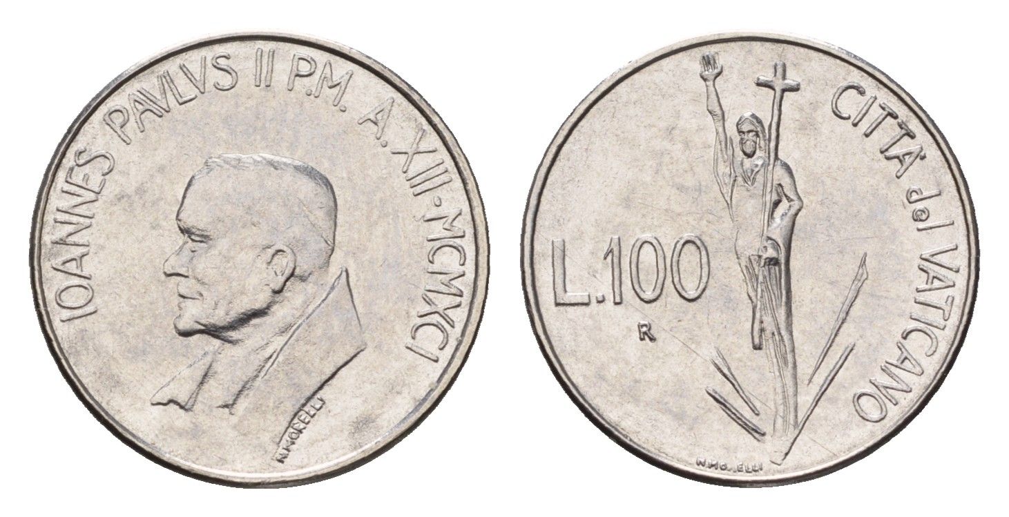 Ватикан 100 лир 1991 MCMXCI, год-тип, Иоанн Павел II (1978-2005) KM 231 нержавеющая сталь UNC 4649-1238