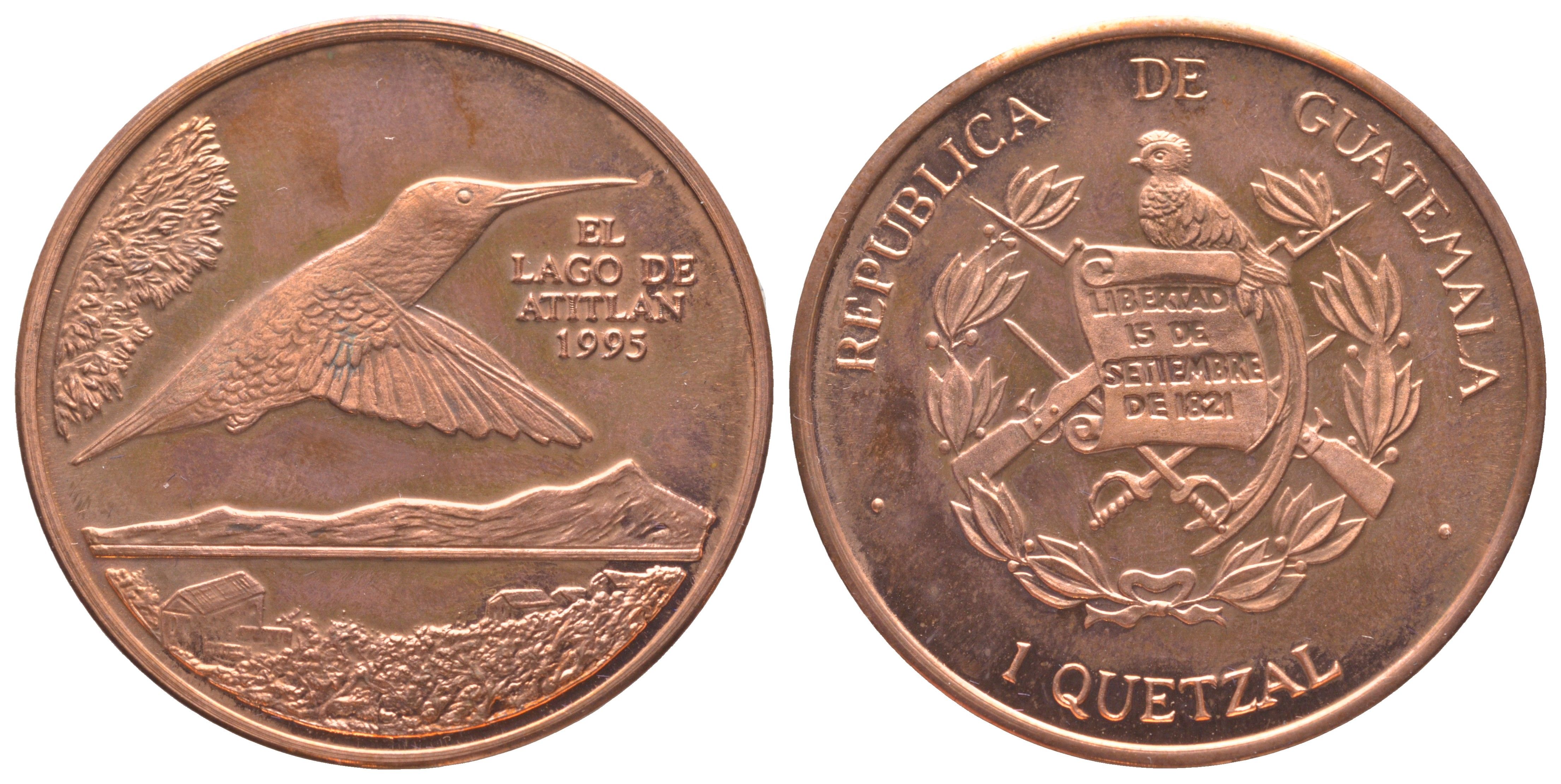 Гватемала 1 кетсаль 1995 пробная монета KM 1e медь UNC 3896-1634