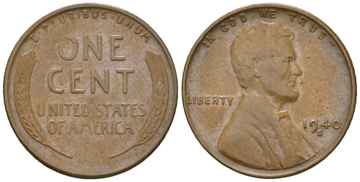 США 1 цент 1940 S (Сан-Франциско), Авраам Линкольн KM 132 бронза 4516-333