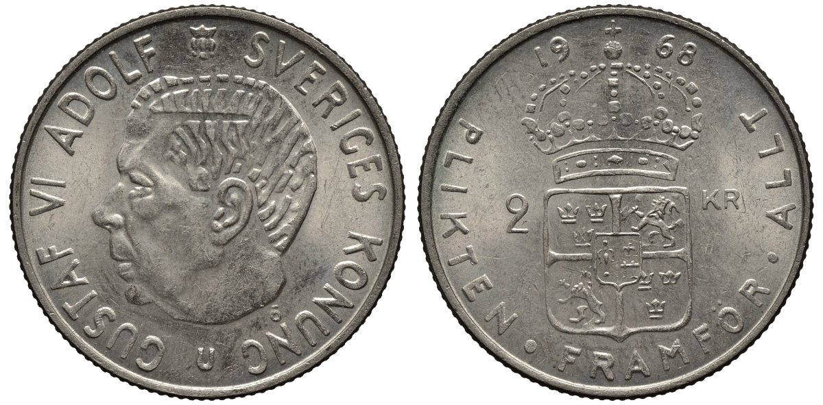 Швеция 2 кроны 1968 U, Густав VI Адольф (1950-1973) KM 827а медно-никель UNC 36-614