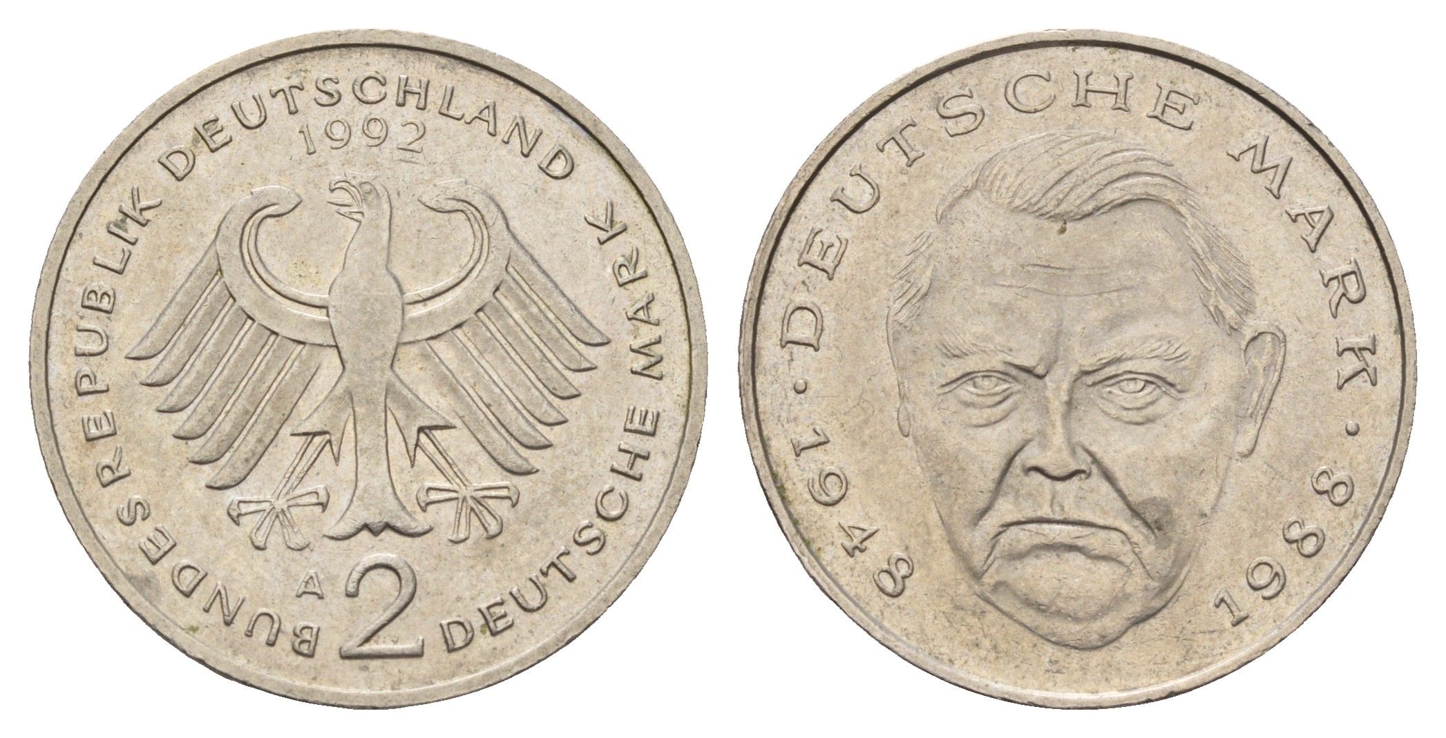 ФРГ 2 марки 1992 A, Людвиг Эрхард, 40 лет Федеративной Республике (1948-1988) KM 170, J. 445 медно-никель 3459-1021
