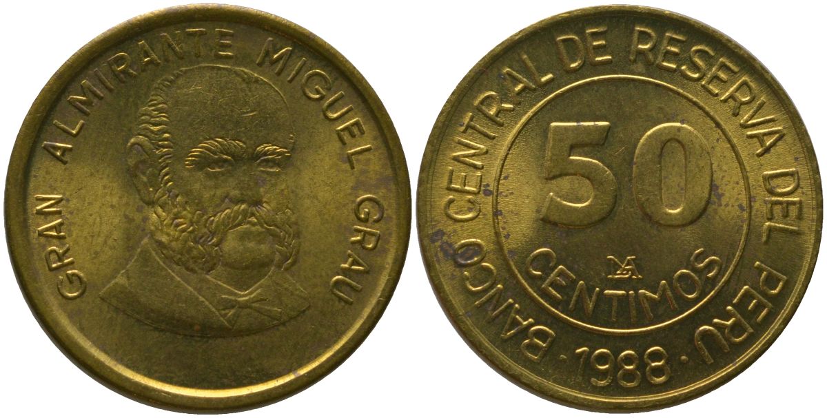 Перу 50 сентимо 1988 KM 295, Schon 96 латунь aUNC 4541-416