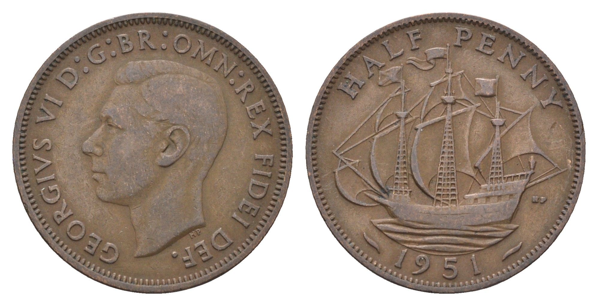 Великобритания 1/2 пенни 1951 Георг VI (1936-1952) KM 868, Spink 4118 бронза    4660-631