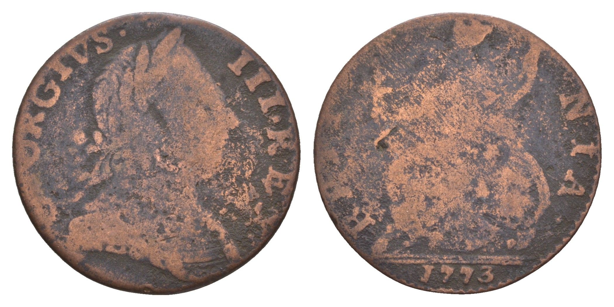 Великобритания 1/2 пенни 1773 Георг III (1760-1820) KM 601, Spink 3774 медь 4657-851