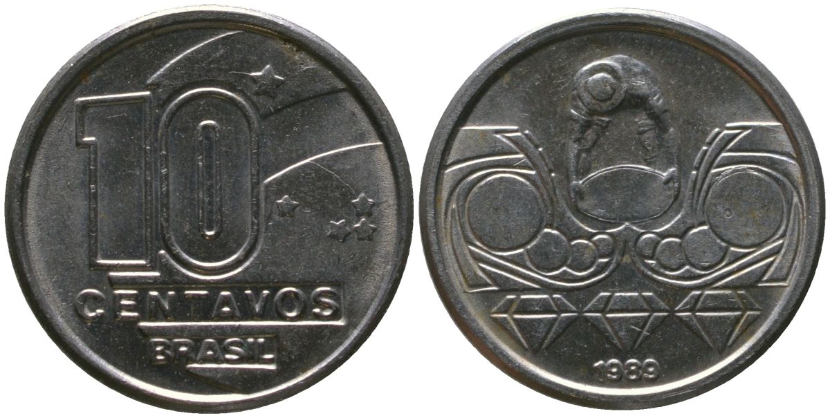 Бразилия 10 сентаво 1989 KM 613, Schon 122 нержавеющая сталь 4576-143