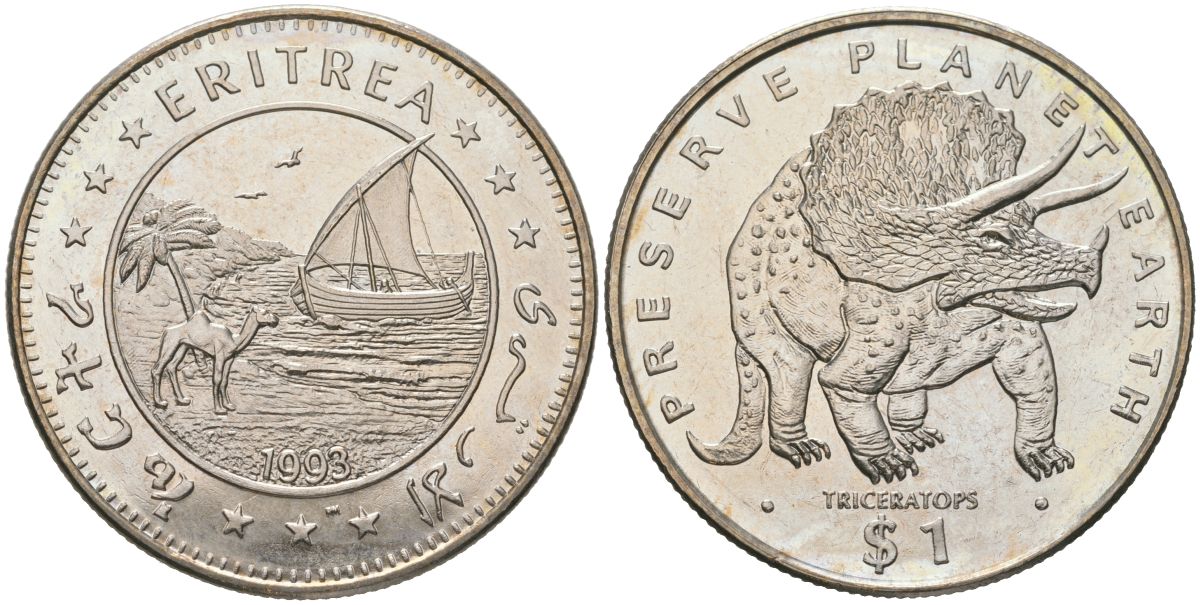 Эритрея 1 доллар 1993 берегите планету Земля - Трицератопс KM 10 медно-никель BU 4558-923