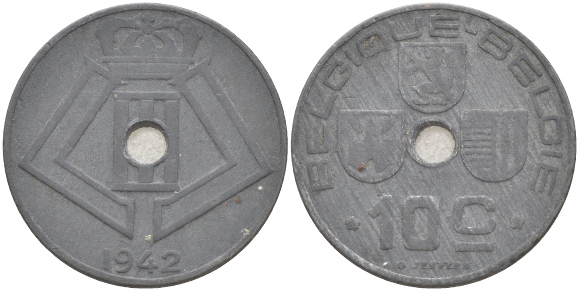 Бельгия 10 сантимов 1942 Belgique - Belgie, Леопольд III (1934-1947), германская оккупация, Вторая мировая война KM 125 цинк 68-226