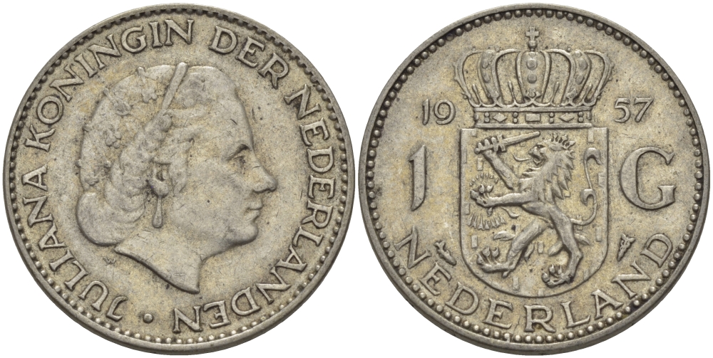 Нидерланды 1 гульден 1957 Юлиана (1948-1980) KM 184 серебро 98-1134