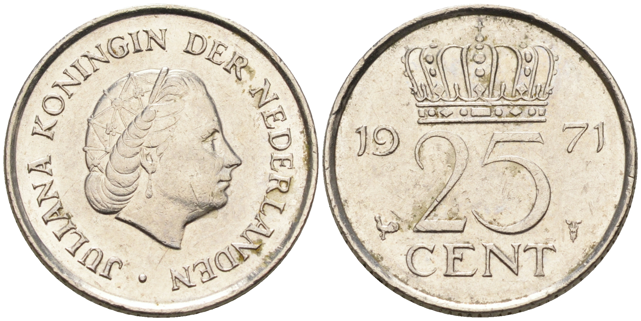 Нидерланды 25 центов 1971 Юлиана (1949-1980) KM 183 никель    4174-658