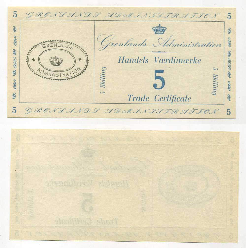 Гренландия 5 скиллингов 1942 торговый сертификат Pick M9 бумага UNC (пресс) 451-279-1