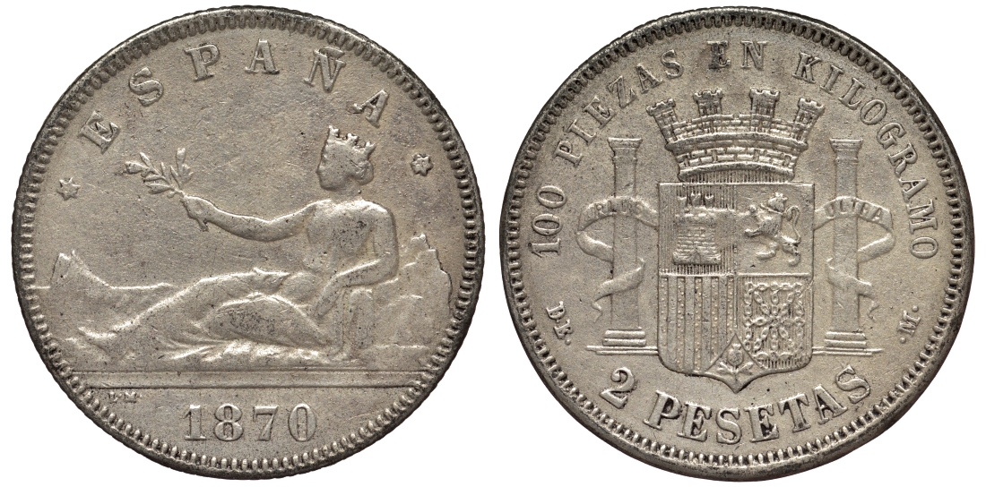 Испания 2 песеты 1870 (73) DE-M KM 654 серебро серебро 4566-642