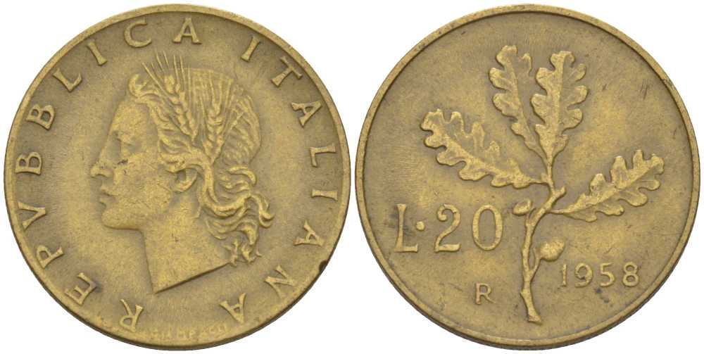 ИТАЛИЯ 20 ЛИР 1958 R, ДУБОВАЯ ВЕТВЬ KM 97.1 алюминиевая бронза 4390-1046