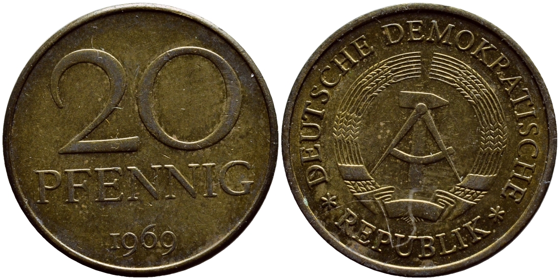 ГДР 20 пфеннигов 1969 А, первый год KM 11 латунь UNC 4398-814
