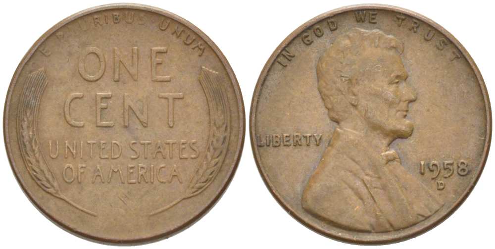 США 1 ЦЕНТ 1958 D, ЛИНКОЛЬН KM А132 медь цинк 3309-1226