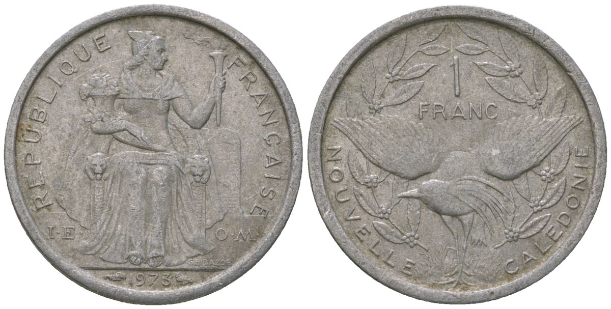 Французская Новая Каледония 1 франк 1973 птица кагу, (IEOM) KM 10, Schoen 10, Lec 39 алюминий    51-724