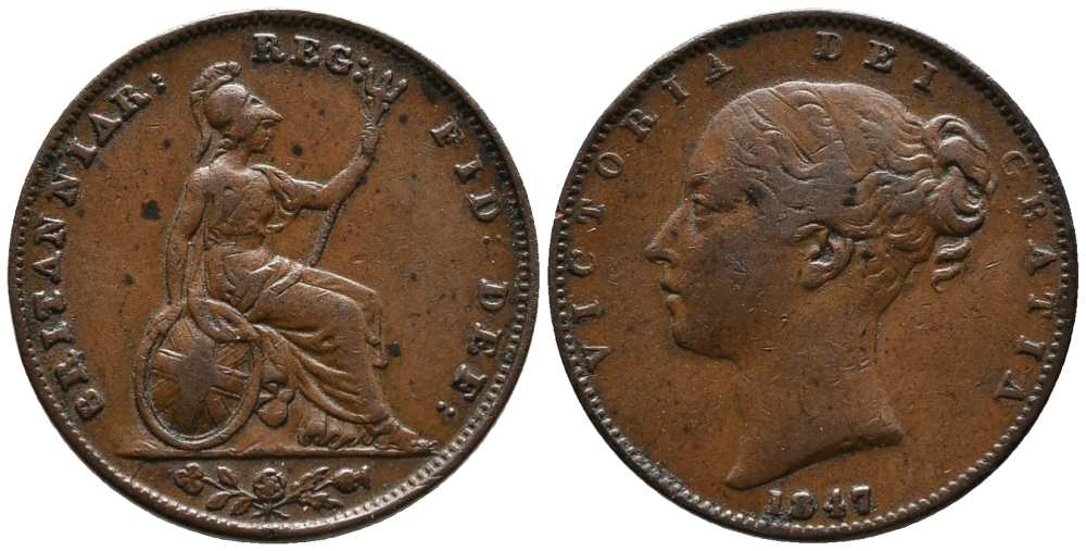 Великобритания 1 фартинг 1847 Виктория (1837-1901) KM 725, Spink 3950 медь  1518-1032