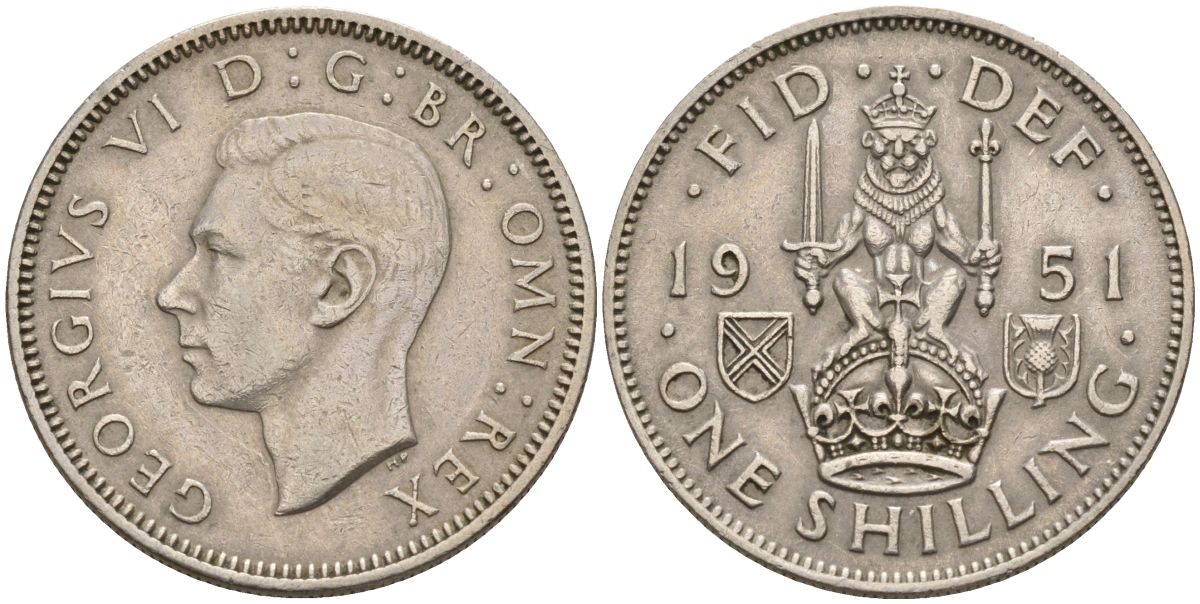 Великобритания 1 шиллинг 1951 Георг VI (1936-1952), Шотландский герб KM 864, Spink 4104 медно-никель 4153-851
