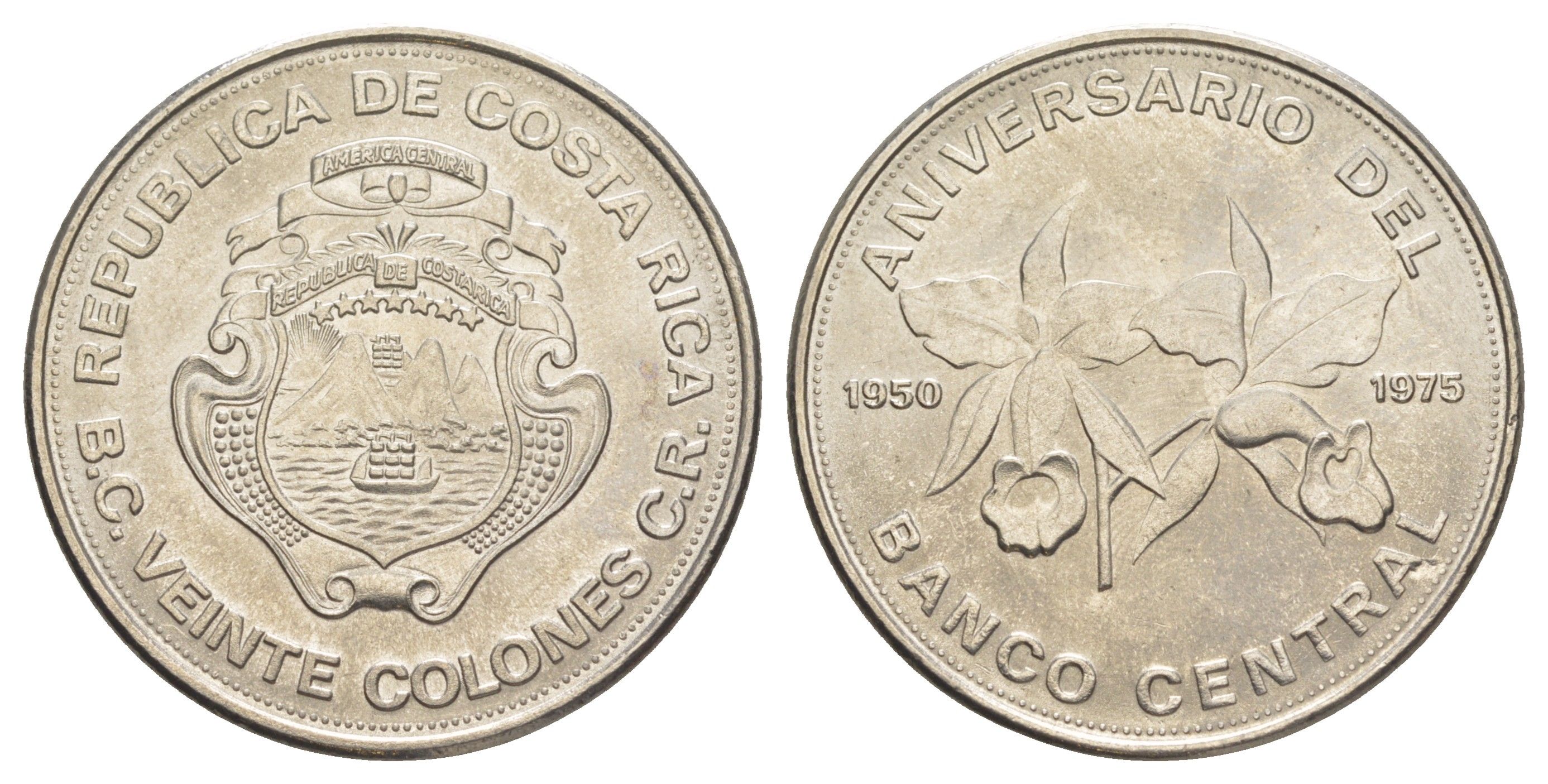 Коста-Рика 20 колонов 1975 25 лет Центральному Банку KM 205 никель UNC 118-631