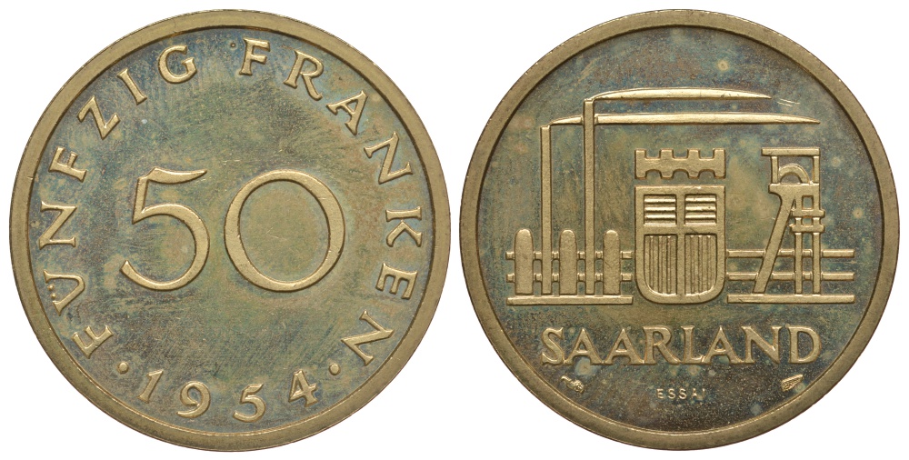 Саарланд 50 франков 1954 ESSAI, пробный выпуск KM E5 PROOF 00-812-49