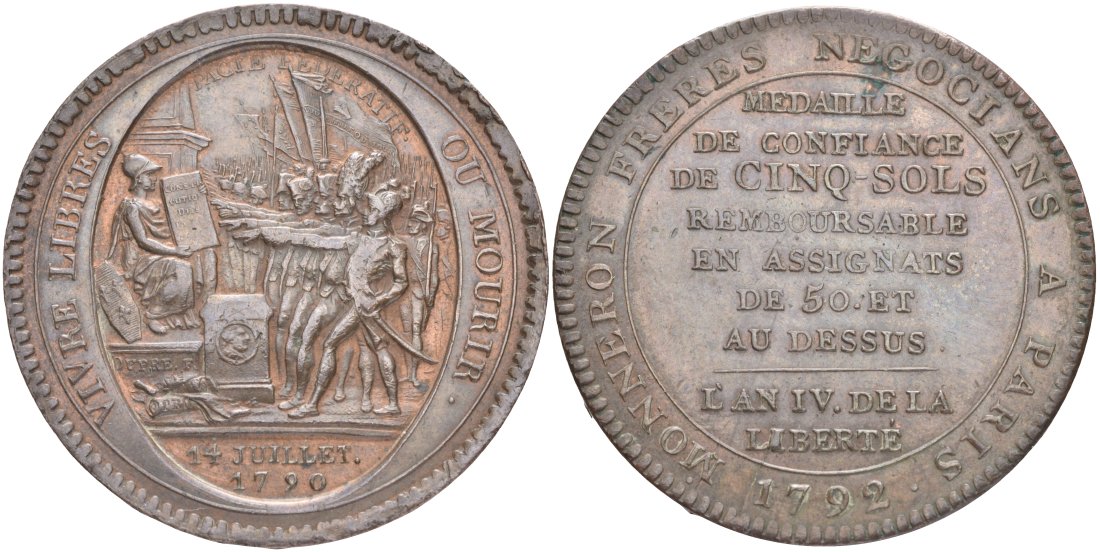 Франция 5 солей (су) 1792 LAN 4, революции, токен, VIVRE LIBRAS OU MOURIR ("Жить свободным или умереть", MONNERON FRERES NEGOCIANS A PARIS (Торговцы братья Моннерон. Париж). KM Tn31, Guilloteau 291, Mazard 145 бронза 4552-1015