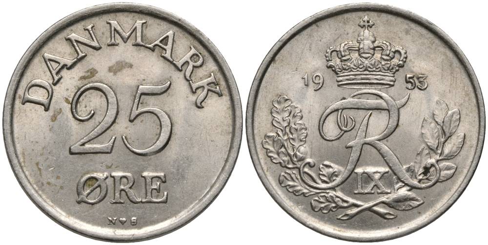 Дания 25 эре 1953 N; S, Фредерик IX (1947-1972) KM 842 медно-никель 27-444